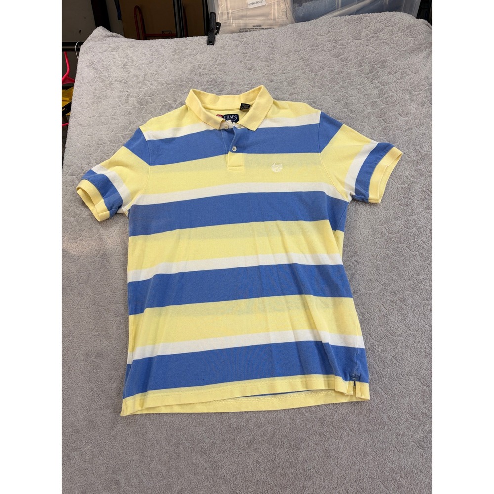 Chaps Mens Polo Shirt Medium Yellow Blue White Striped Short Sleeve Cotton Pique